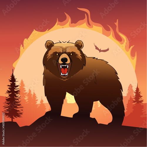 Fierce grizzly bear roaring amidst fiery sunset and forest evokes primal power and untamed wilderness adventure