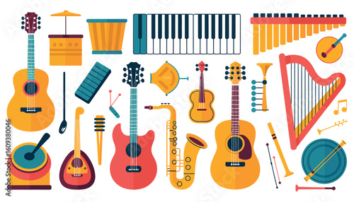 A vibrant vector illustration of a musical instruments set featuring electric guitars, acoustic guitars, and a bass guitar ready to rock the stage