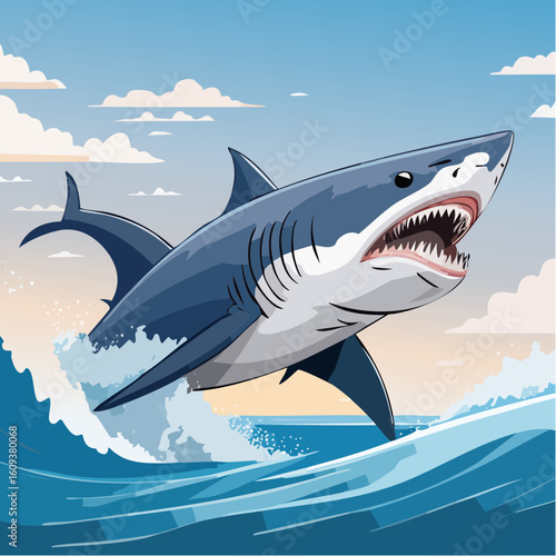 Majestic Great White Shark breaches ocean waves with powerful jaws open, embodying apex predator power