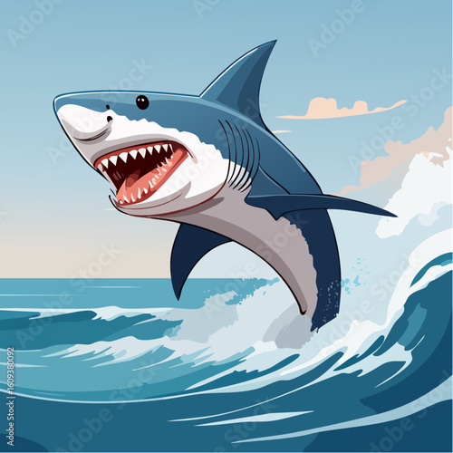 Aggressive shark breaching ocean waves with open jaws and sharp teeth, creating dynamic marine action.