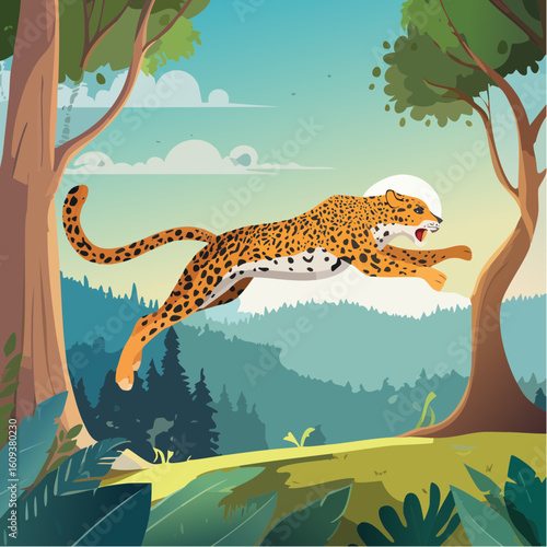 Majestic leopard leaps through lush forest with vibrant energy and sunlit backdrop