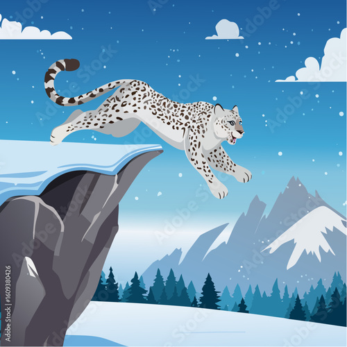 Dynamic snow leopard leaps across snowy mountain cliff with winter wonderland backdrop