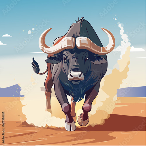 Majestic wildebeest charging through dusty savanna, exuding power and wild untamed spirit