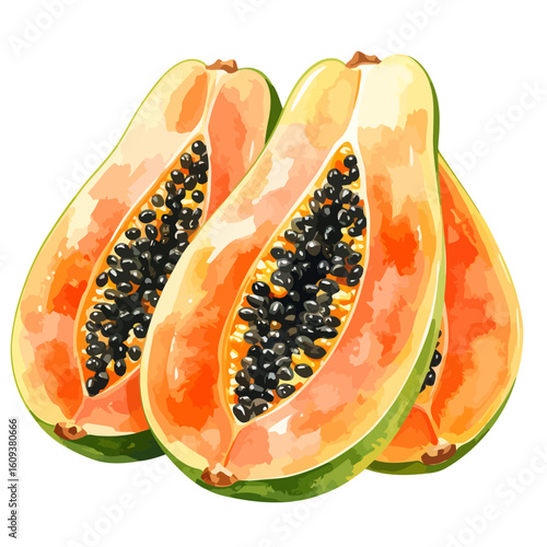 Stylized illustration of three ripe papaya halves with vibrant orange flesh and shiny black seeds.