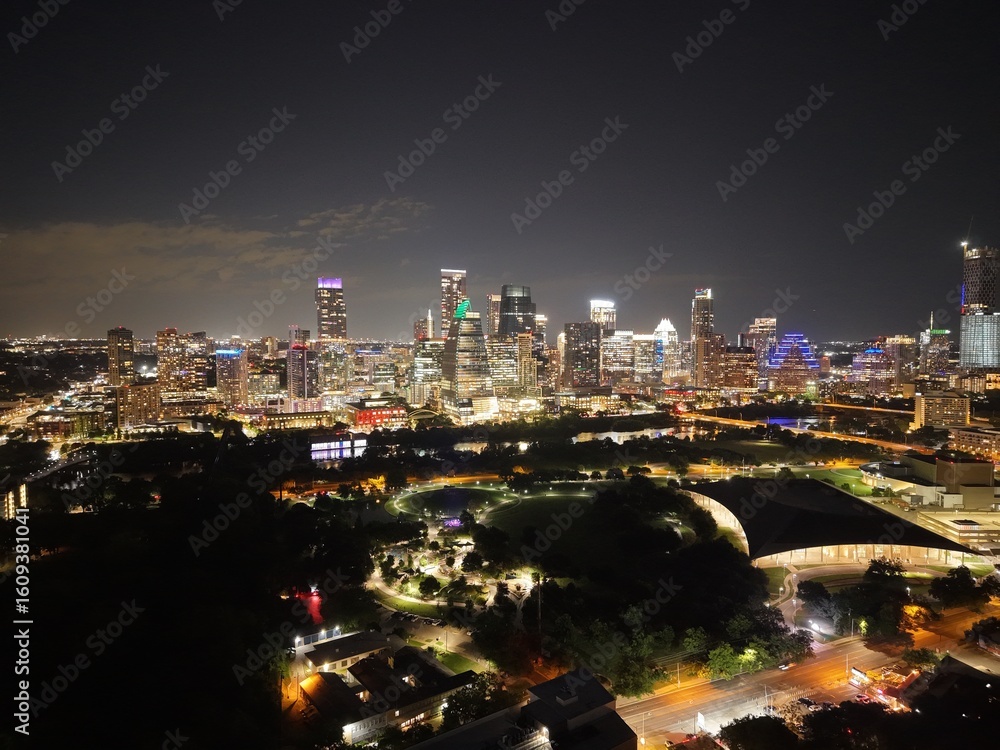 Fototapeta premium Beautiful Austin skyline at night with a stunning aerial drone view