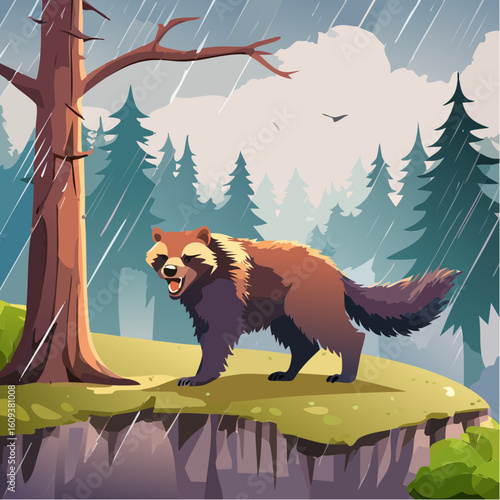 Fierce wolverine prowls a cliff edge during a stormy forest downpour, showcasing wild nature's raw power.