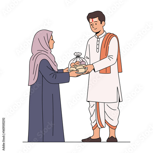 Interfaith food donation between woman and man vector