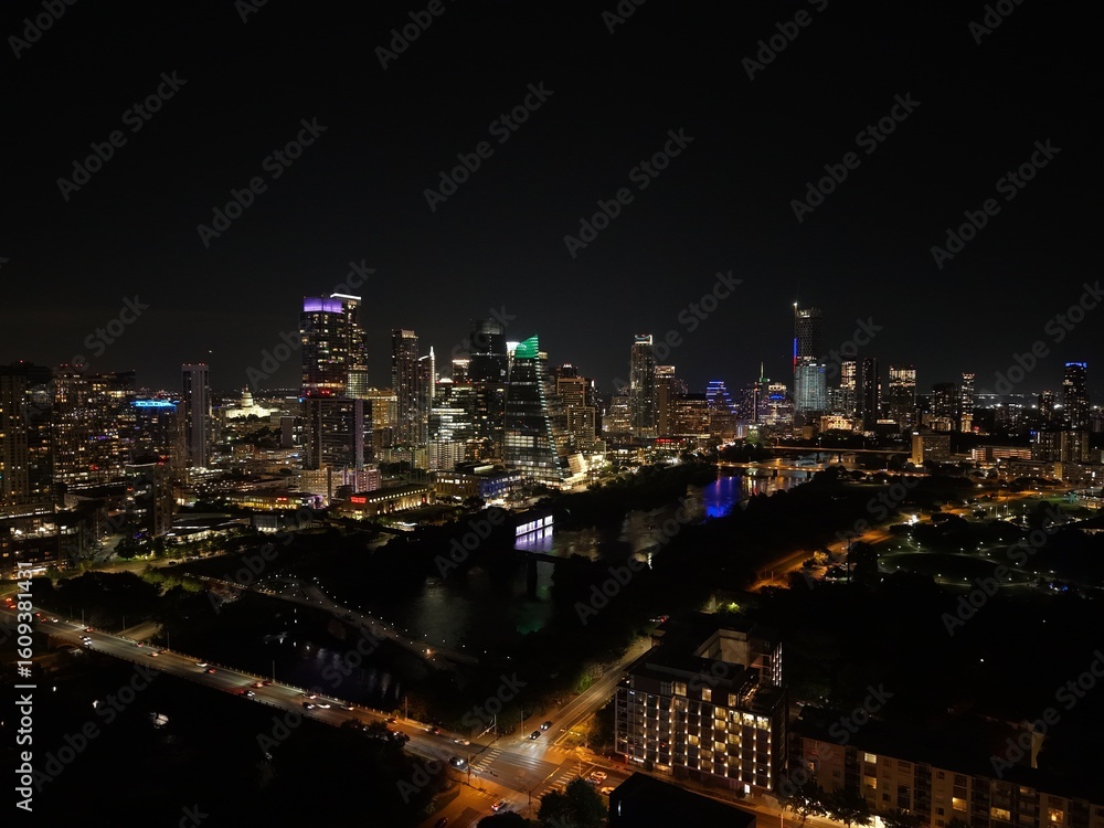 Fototapeta premium Beautiful Austin skyline at night with a stunning aerial drone view