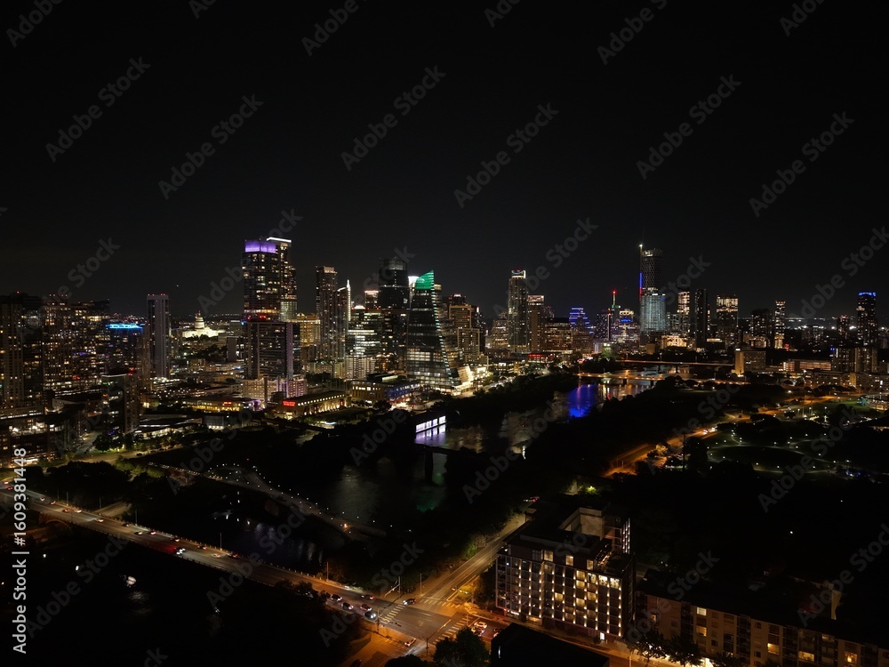 Fototapeta premium Beautiful Austin skyline at night with a stunning aerial drone view