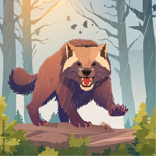 Fierce wolverine charging through rain in dense forest, aggressive wild animal nature scene