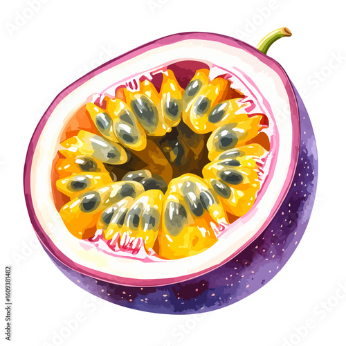 Vibrant watercolor illustration of a sliced passion fruit with purple skin, juicy pulp, and black seeds.