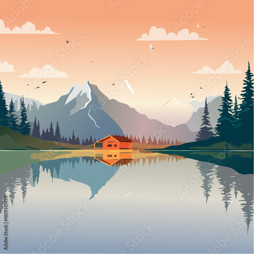 Serene mountain lake vista with a cozy cabin reflecting in calm waters at sunset