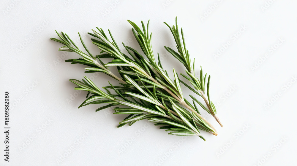 Fototapeta premium Fresh rosemary sprigs arranged on a white surface.