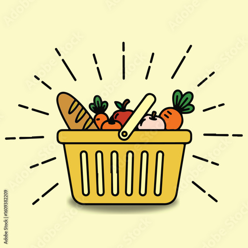 Fresh Grocery Basket with Healthy Produce – Cartoon Style Food Illustration