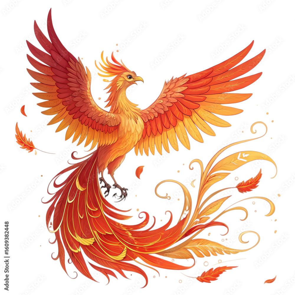 Obraz premium Majestic Phoenix in Flight A Fiery Rebirth on transparent background
