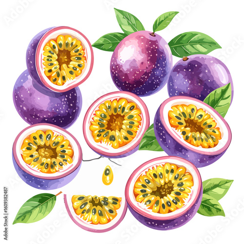 Illustrated set of fresh passion fruits, whole, halved, and sliced, with vibrant purple skin and juicy yellow seeds.