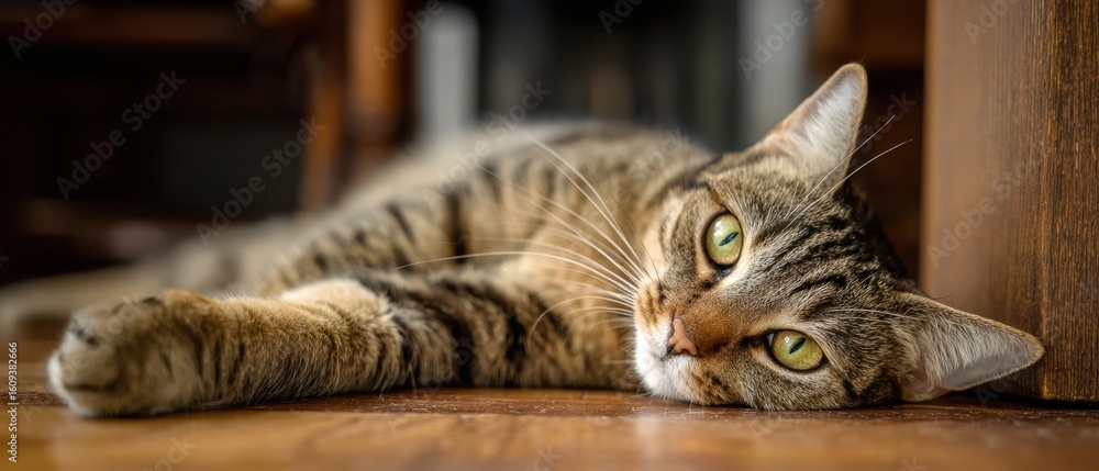 Naklejka premium The charming tabby cat lounging peacefully on wooden floor.