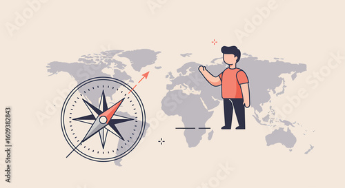 Global business strategy and direction concept. A man gesturing towards a world map with a compass for navigation.