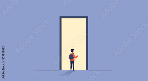 Man with backpack at the threshold of a glowing door. A conceptual illustration of future opportunity, career change, and new beginnings.