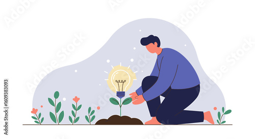 Nurturing a bright idea. A person tends to a growing plant with a glowing lightbulb, a metaphor for creativity and innovation.