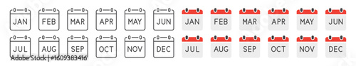 Month calendar icon set. Calendar colorful symbol. January, february, march, april, may, june, july, august, september, october, november, december. Vector illustration. Flat design. Editable stroke.
