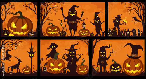 Halloween Pumpkins and Witch Hat – Spooky Holiday Illustration