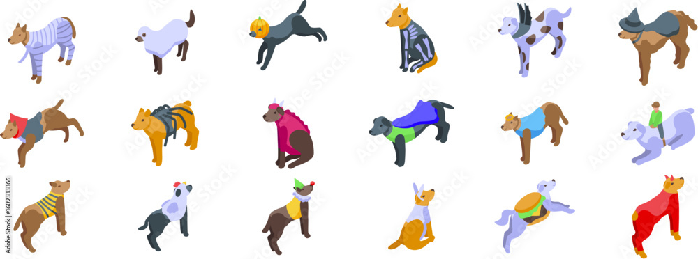 Fototapeta premium Halloween dog costume icons set. Funny isometric dogs wearing halloween costumes like pumpkin, witch, superhero, skeleton, devil, sheep and other creative outfits