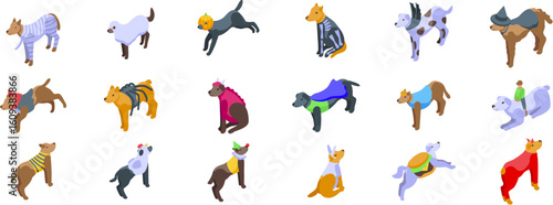 Halloween dog costume icons set. Funny isometric dogs wearing halloween costumes like pumpkin, witch, superhero, skeleton, devil, sheep and other creative outfits