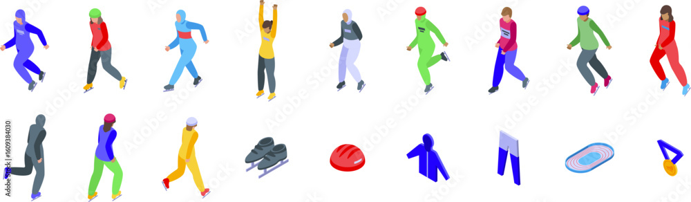 Fototapeta premium Speed skating icons set. Speed skating athletes competing, isometric icons set with sportswear, protective gear, medal, and ice rink