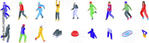 Speed skating icons set. Speed skating athletes competing, isometric icons set with sportswear, protective gear, medal, and ice rink