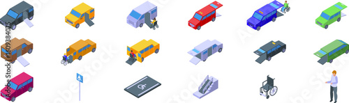 Taxi disabled people icons set. Collection of isometric icons representing accessible vehicles, ramps, parking spaces, and wheelchair users, highlighting mobility solutions