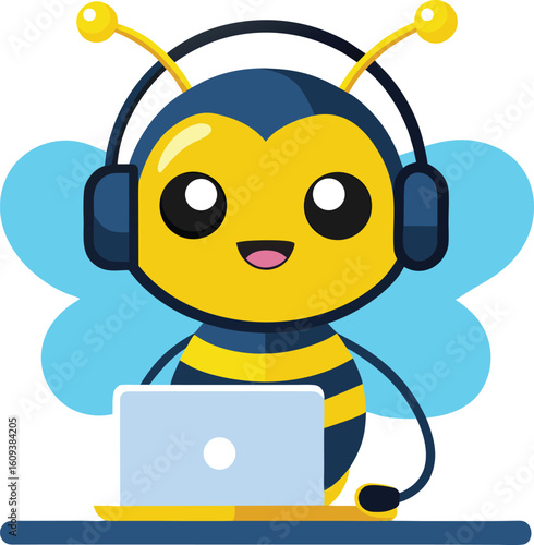 Friendly cartoon bee character wearing headphones and a headset smiling while working on a laptop computer representing customer service or online support