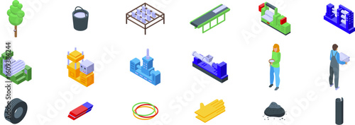 Rubber farm tree icons set. Rubber industry process from latex harvesting to finished products like tires and gloves