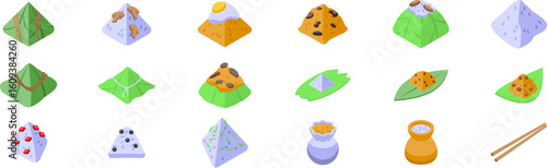 Sticky rice dumpling icons set. Various isometric zongzi, a traditional chinese rice dish, are displayed, wrapped in bamboo or reed leaves, and often containing fillings like beans, meat, or egg yolk