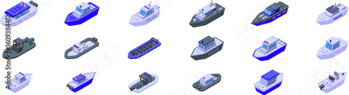 Police boat icons set. Isometric police boats safeguarding coastal waters, conducting maritime patrols, and ensuring public safety