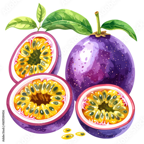 Vibrant watercolor illustration of whole and halved purple passion fruits with green leaves.