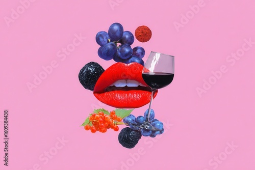 Surreal collage with vibrant fruits wine pink backdrop