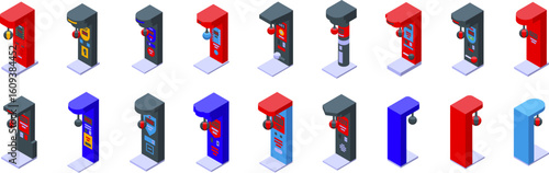 Boxing punch arcade game icons set. Various colorful punching bag arcade machines displaying strength scores, perfect for gaming or gym concepts