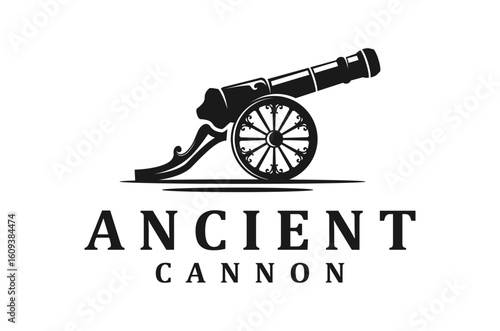 Ancient cannon logo design, old classic weapon soldier world war.