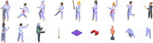 Woman kimono training icons set. Martial arts fighters practicing different moves and related equipment isometric icons set