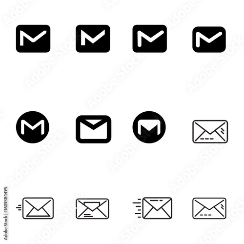 Collection of Simple Email Icons in Various Styles This image features a set of black and white email icons in various styles, including solid filled, outlined, and with a motion effect.