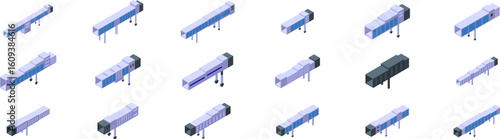 Jet bridge icons set. Set of airport jetway bridges facilitating passenger boarding and disembarking, depicted in isometric view
