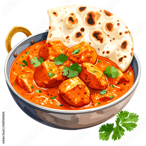 Delicious Chicken Tikka Masala with Naan Bread in a Traditional Kadhai
