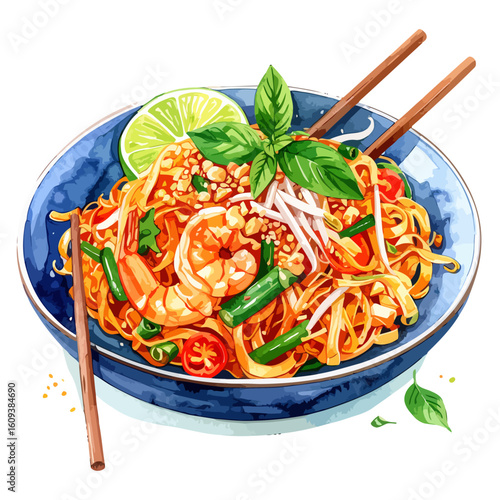 Colorful Pad Thai Noodles with Shrimp in a Blue Bowl