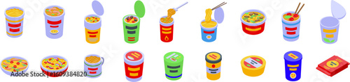 Instant noodle cup icons set. Isometric set of instant noodles and cups being prepared and served, offering a quick and easy meal option