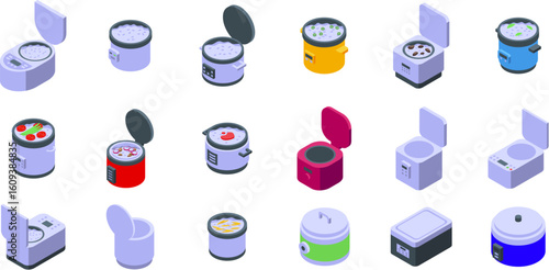 Rice cooker icons set. Different multicooker models preparing various dishes, steaming rice and vegetables, boiling porridge, cooking soup, baking bread