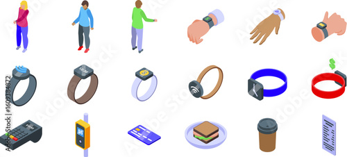 Smartwatch nfc payment icons set. Modern consumers using wearable technology for contactless payments, highlighting the convenience and speed of nfc transactions