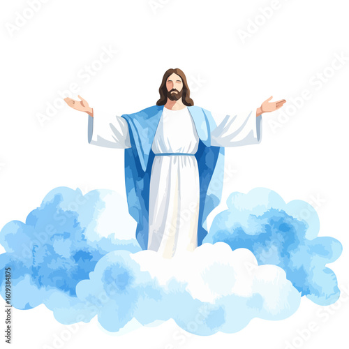 Jesus Christ Ascending Amidst Blue Clouds with Open Arms