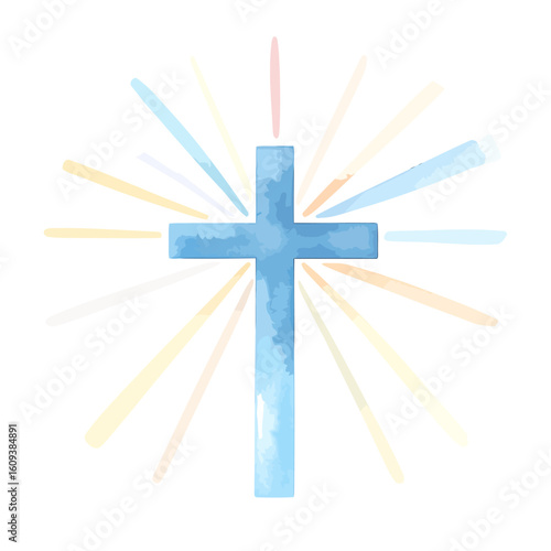 Blue watercolor Christian cross with radiating pastel light beams, a painterly religious symbol of faith.