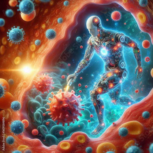 An AI-powered nanobot swarm repairing damaged cells inside a human body, microscopic view with vibrant colors